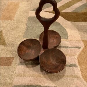 Vintage Hand-Carved Wooden 3-Bowl Snack Tray with Handle – Mid-Century Rustic